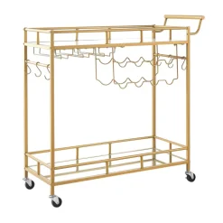 VEVOR Bar Cart, 2 Tiers Home Kitchen Serving Carts, Modern Rolling Utility Station on Wheels, Drink Beverage Trolley with Mirrored Glass Shelves, Wine Rack, Glass Holder, for Living Dining Room, Gold