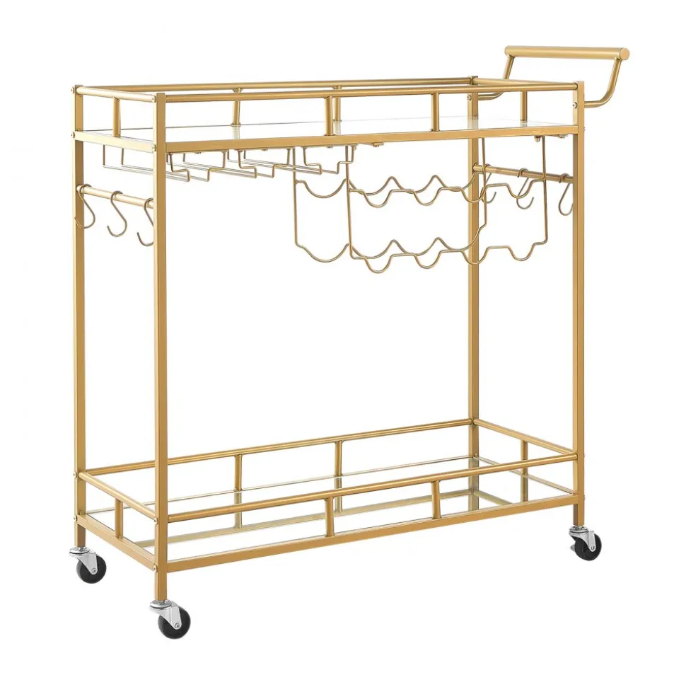 VEVOR Bar Cart, 2 Tiers Home Kitchen Serving Carts, Modern Rolling Utility Station on Wheels, Drink Beverage Trolley with Mirrored Glass Shelves, Wine Rack, Glass Holder, for Living Dining Room, Gold
