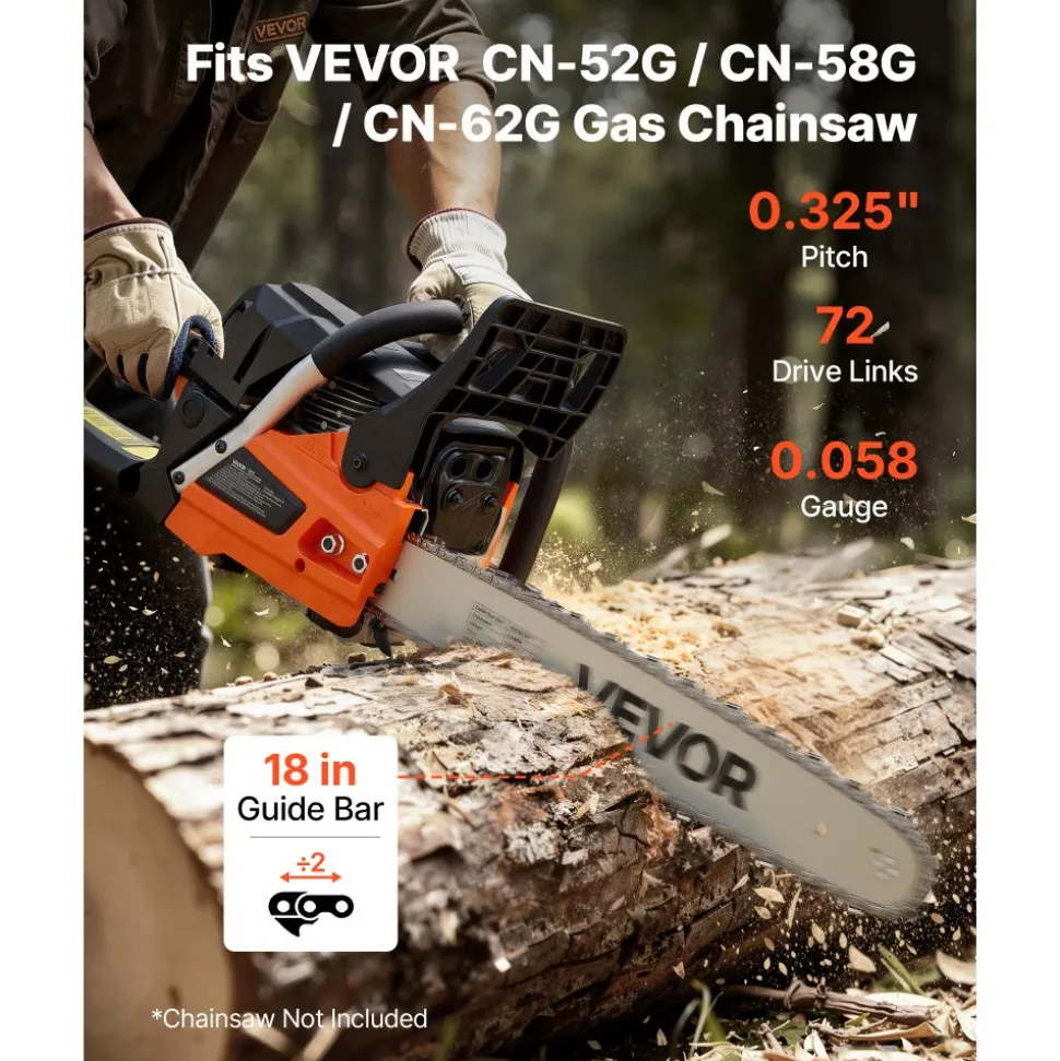 VEVOR Bar & Chainsaw Chain Combo 18" .325" Pitch .058" Gauge 72 Drive Links, Fits VEVOR CN-52G / CN-58G / CN-62G Gas Chainsaw, Alloy Steel, Replacement Guide Bar & Saw Chain with Sharp Cutter Teeth