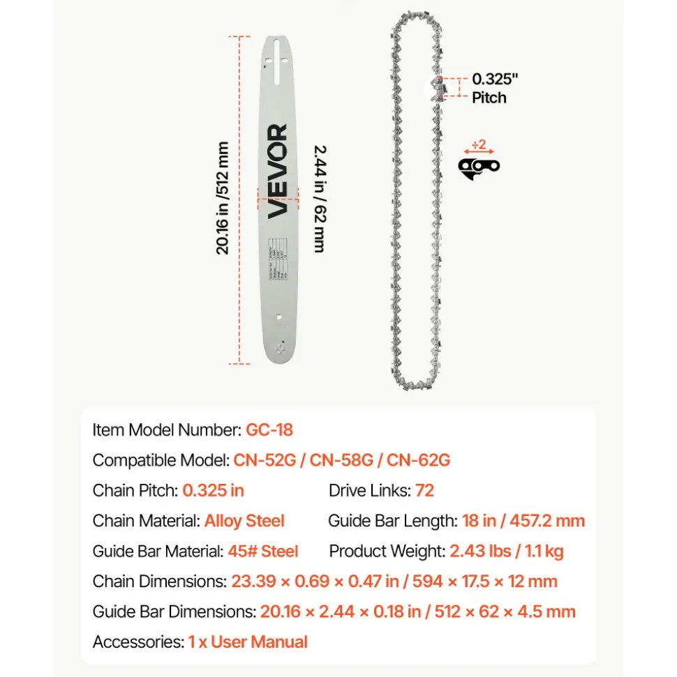 VEVOR Bar & Chainsaw Chain Combo 18" .325" Pitch .058" Gauge 72 Drive Links, Fits VEVOR CN-52G / CN-58G / CN-62G Gas Chainsaw, Alloy Steel, Replacement Guide Bar & Saw Chain with Sharp Cutter Teeth