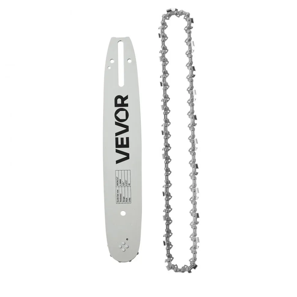 VEVOR Bar & Chainsaw Chain Combo 12" 3/8" Pitch 3/8" Gauge 45 Drive Links, Fits VEVOR CN-25 Gas Chainsaw, Forged Alloy Steel, Replacement Guide Bar & Saw Chain with Sharp Cutter Teeth & Tie Straps