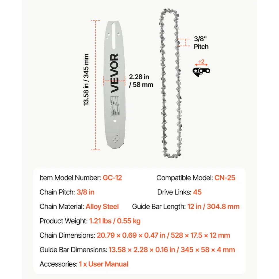 VEVOR Bar & Chainsaw Chain Combo 12" 3/8" Pitch 3/8" Gauge 45 Drive Links, Fits VEVOR CN-25 Gas Chainsaw, Forged Alloy Steel, Replacement Guide Bar & Saw Chain with Sharp Cutter Teeth & Tie Straps