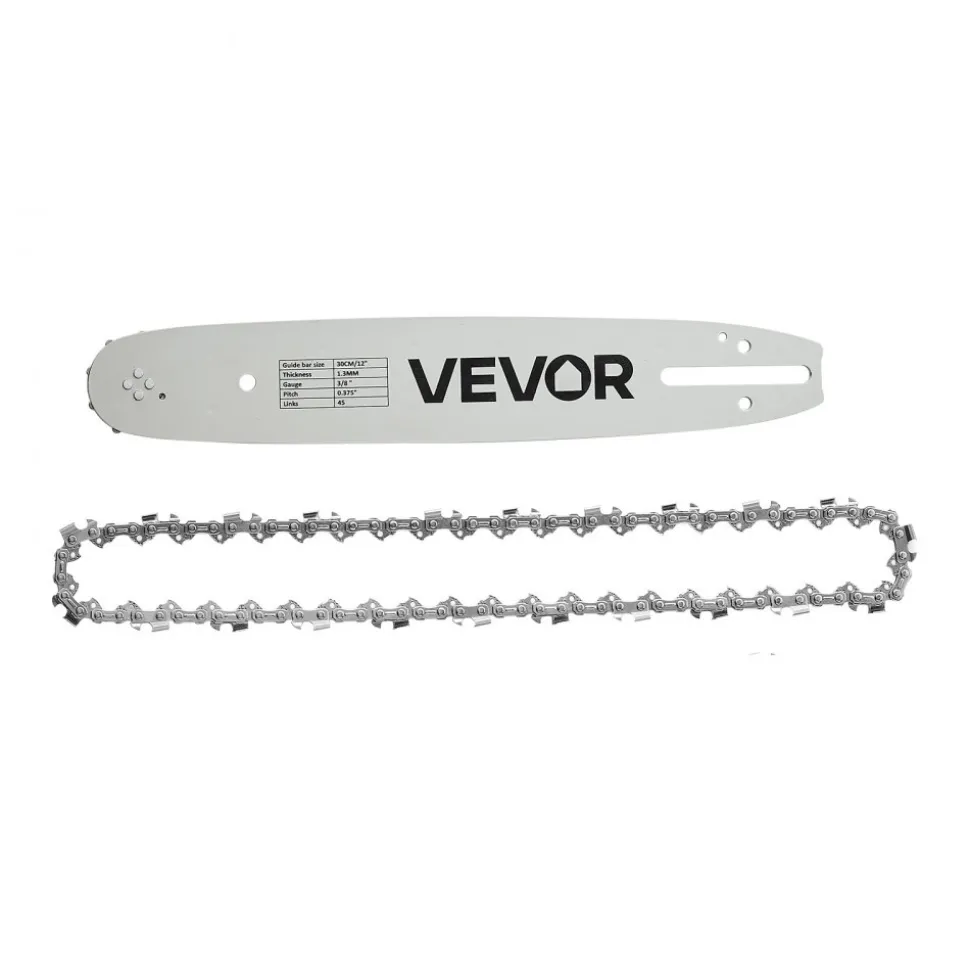 VEVOR Bar & Chainsaw Chain Combo 12" 3/8" Pitch 3/8" Gauge 45 Drive Links, Fits VEVOR CN-25 Gas Chainsaw, Forged Alloy Steel, Replacement Guide Bar & Saw Chain with Sharp Cutter Teeth & Tie Straps