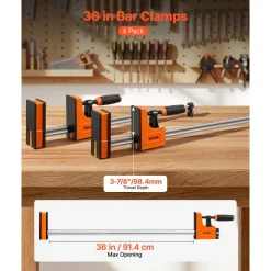 VEVOR Bar Clamps for Woodworking, 4-Pack, 36" Opening F Clamps, 1500 lbs Load Limit, Clamp/Spreader 2 Modes, Soft Rubber Pads, Ergonomic Handle, Carbon Steel Bar, for Wood Working and Metal Working