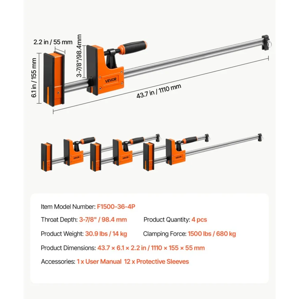 VEVOR Bar Clamps for Woodworking, 4-Pack, 36" Opening F Clamps, 1500 lbs Load Limit, Clamp/Spreader 2 Modes, Soft Rubber Pads, Ergonomic Handle, Carbon Steel Bar, for Wood Working and Metal Working