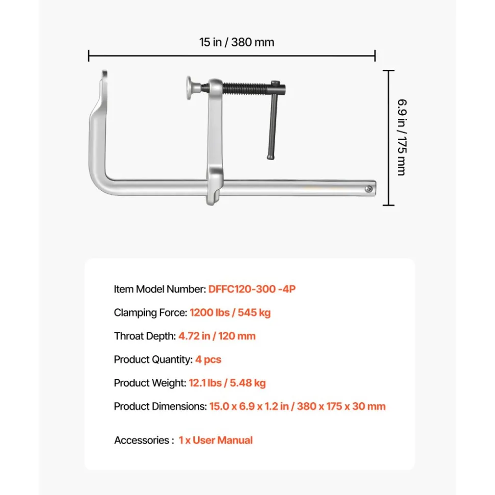 VEVOR Bar Clamps for Woodworking, 4-Pack, 12" Opening, 4.72 in Throat Depth, 1200 lbs Load Limit, Sturdy Steel Forging and Casting, with Swivel Jaw and T-Handle, for Wood Working and Metal Working