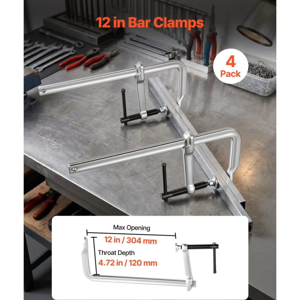 VEVOR Bar Clamps for Woodworking, 4-Pack, 12" Opening, 4.72 in Throat Depth, 1200 lbs Load Limit, Sturdy Steel Forging and Casting, with Swivel Jaw and T-Handle, for Wood Working and Metal Working