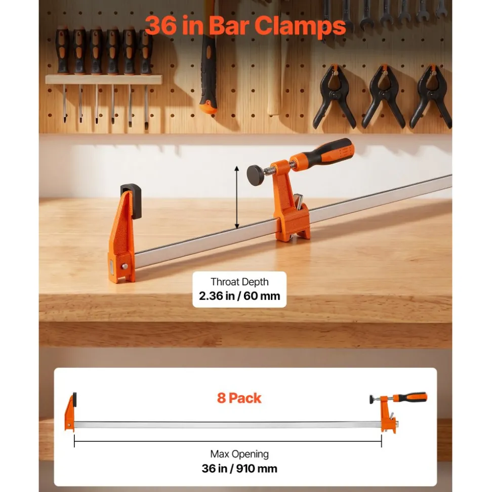VEVOR Bar Clamps for Woodworking, 8-Pack, 36" Opening F Clamps, 600 lbs Load Limit, with Plastic Pad and Self-Locking Design, Premium Cast Iron and Carbon Steel, for Wood Working and Metal Working