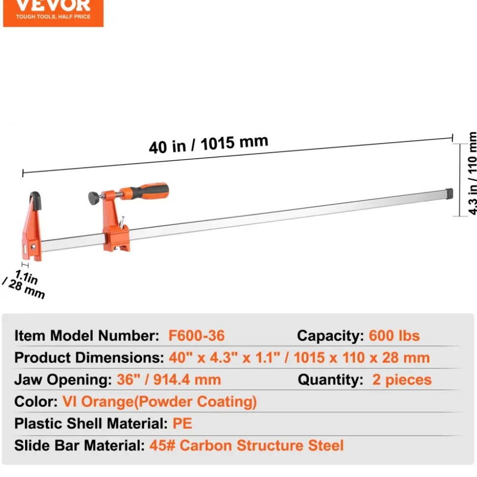 VEVOR Bar Clamps for Woodworking, 2-Pack 36" Clamp, Quick-Change F Clamp with 600 lbs Load Limit, 2.5" Throat Depth, Cast Iron and Carbon Steel, Wood Clamps for Woodworking Metal Working