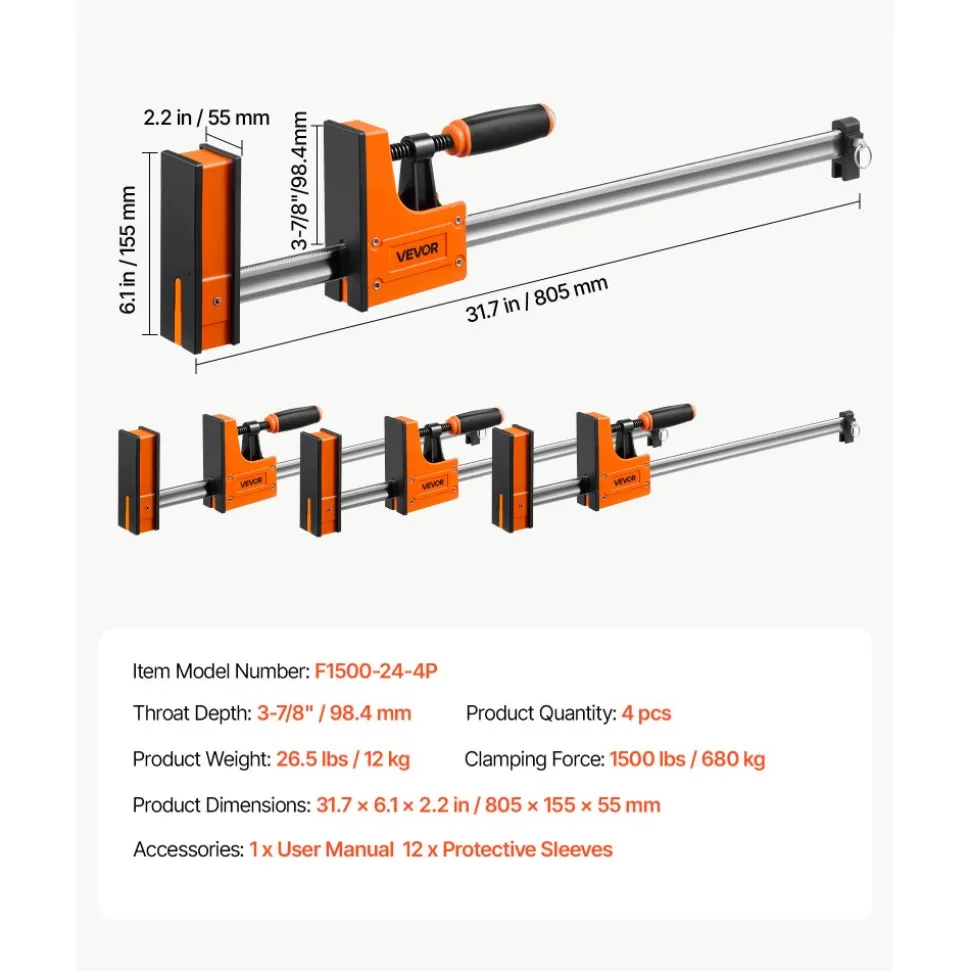 VEVOR Bar Clamps for Woodworking, 4-Pack, 24" and 31" F Clamps, 1100 lbs Load Limit, Clamp/Spreader 2 Modes, Soft Rubber Pads, Ergonomic Handle, Carbon Steel Bar, for Wood Working and Metal Working