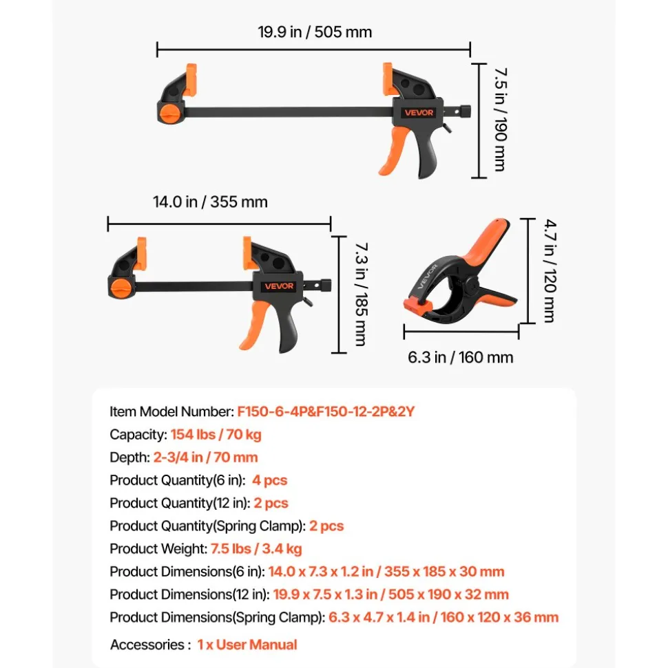 VEVOR Bar Clamps for Woodworking, 8-Pack, 6" and 12" F Clamps, 600 lbs Load Limit, with Plastic Pad and Self-Locking Design, Malleable Iron and Carbon Steel, for Wood Working and Metal Working