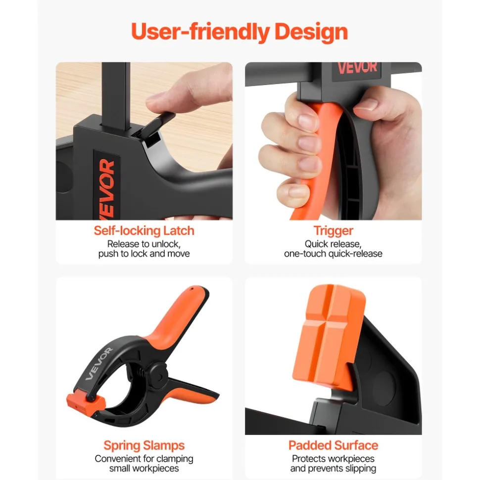 VEVOR Bar Clamps for Woodworking, 8-Pack, 6" and 12" F Clamps, 600 lbs Load Limit, with Plastic Pad and Self-Locking Design, Malleable Iron and Carbon Steel, for Wood Working and Metal Working