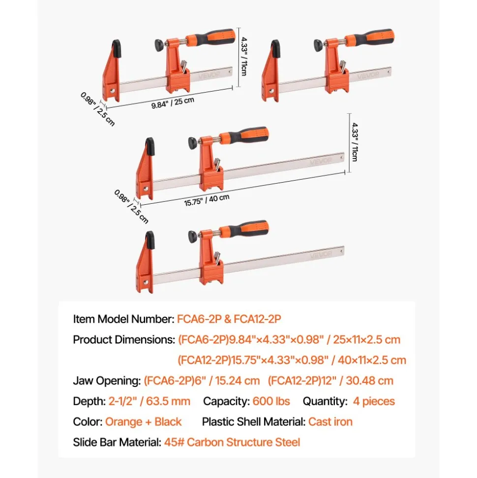 VEVOR Bar Clamps for Woodworking, 2-Pack 24" One-Handed Clamp/Spreader, Quick-Change F Clamp with 300 lbs Load Limit, High-strength Plastic and Carbon Steel, Wood Clamps for Woodworking Metal Working