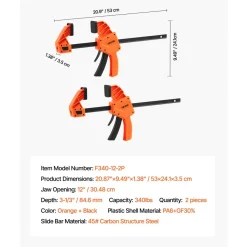 VEVOR Bar Clamps for Woodworking, 2-Pack 36 inch Opening, Lockable F-Clamp with 600 lbs Load Limit, 2-1/2 inch Depth, Cast Iron and Carbon Steel, Easy to Use, Wood Clamps for Woodworking Metal Working