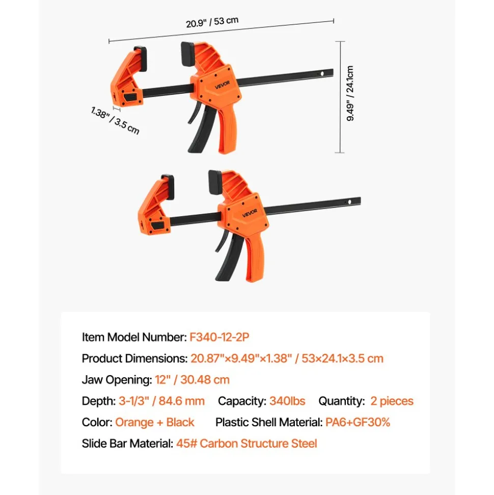 VEVOR Bar Clamps for Woodworking, 2-Pack 36 inch Opening, Lockable F-Clamp with 600 lbs Load Limit, 2-1/2 inch Depth, Cast Iron and Carbon Steel, Easy to Use, Wood Clamps for Woodworking Metal Working