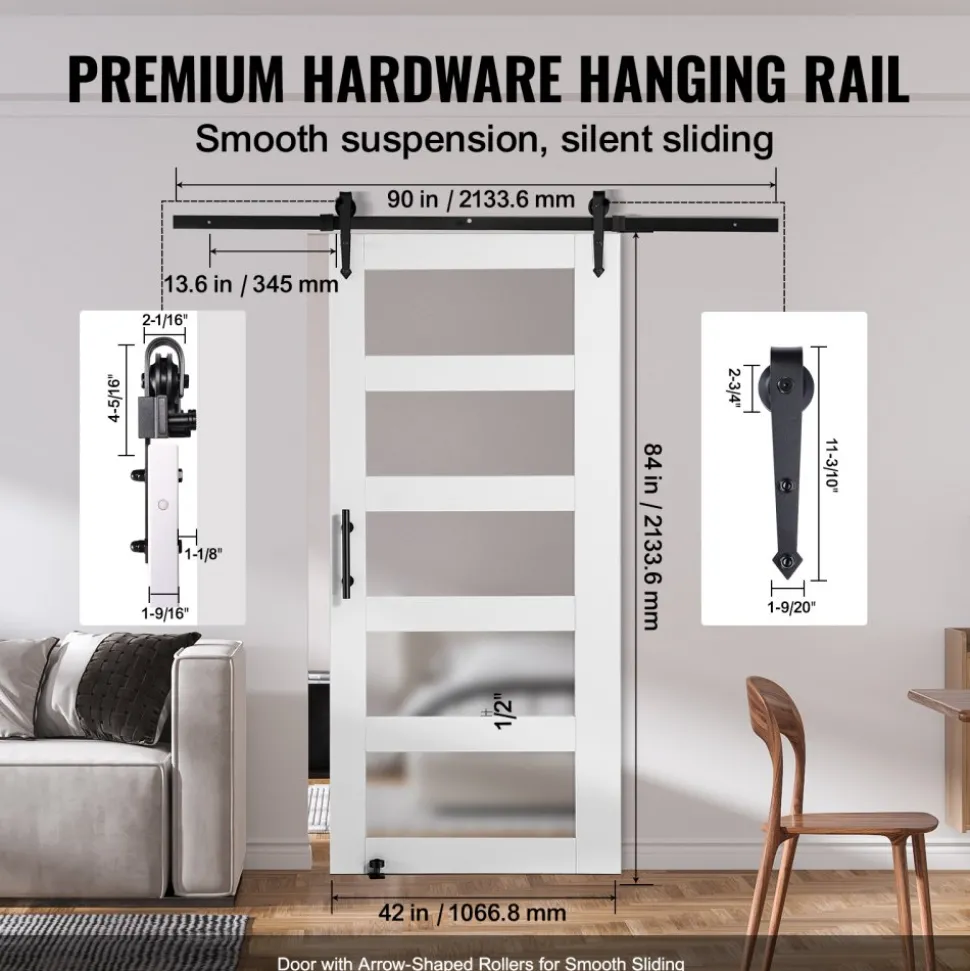 VEVOR Barn Door and Hardware Kit, 42" x 84" Wood and Glass Sliding Barn Door, Smoothly and Quietly, Barn Door Kit with 8-in-1 Floor Guide and Door Handle, Spruce Wood Slab and Frosted Glass
