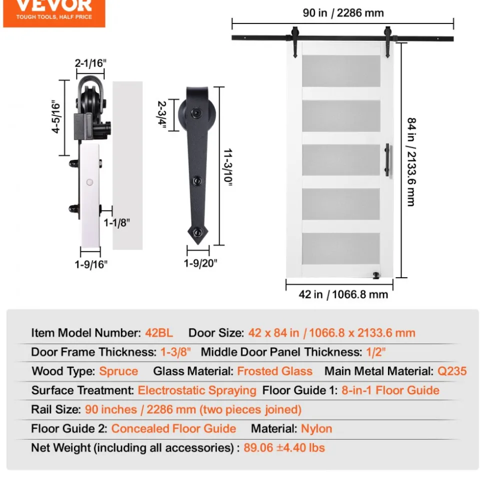 VEVOR Barn Door and Hardware Kit, 42" x 84" Wood and Glass Sliding Barn Door, Smoothly and Quietly, Barn Door Kit with 8-in-1 Floor Guide and Door Handle, Spruce Wood Slab and Frosted Glass