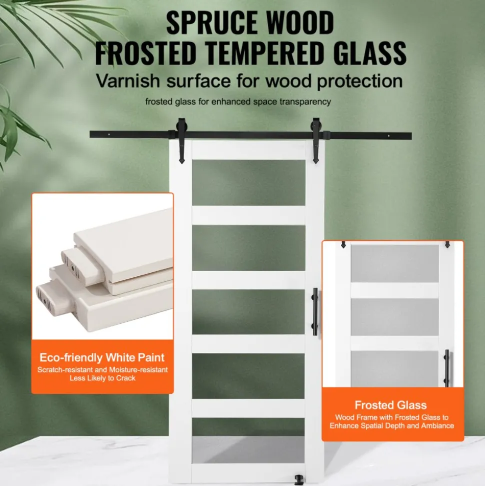 VEVOR Barn Door and Hardware Kit, 42" x 84" Wood and Glass Sliding Barn Door, Smoothly and Quietly, Barn Door Kit with 8-in-1 Floor Guide and Door Handle, Spruce Wood Slab and Frosted Glass