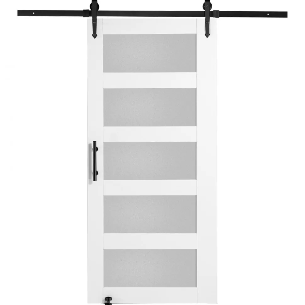 VEVOR Barn Door and Hardware Kit, 42" x 84" Wood and Glass Sliding Barn Door, Smoothly and Quietly, Barn Door Kit with 8-in-1 Floor Guide and Door Handle, Spruce Wood Slab and Frosted Glass