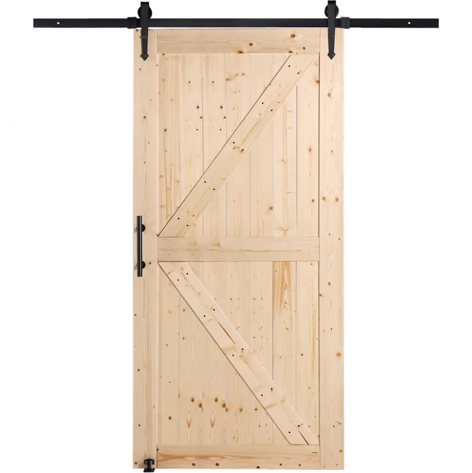 VEVOR Barn Door and Hardware Kit, 42" x 84" Wood Sliding Barn Door, Smoothly and Quietly, Barn Door Kit with 8-in-1 Floor Guide and Door Handle, Spruce Wood Panelled Slab, Easy to Install