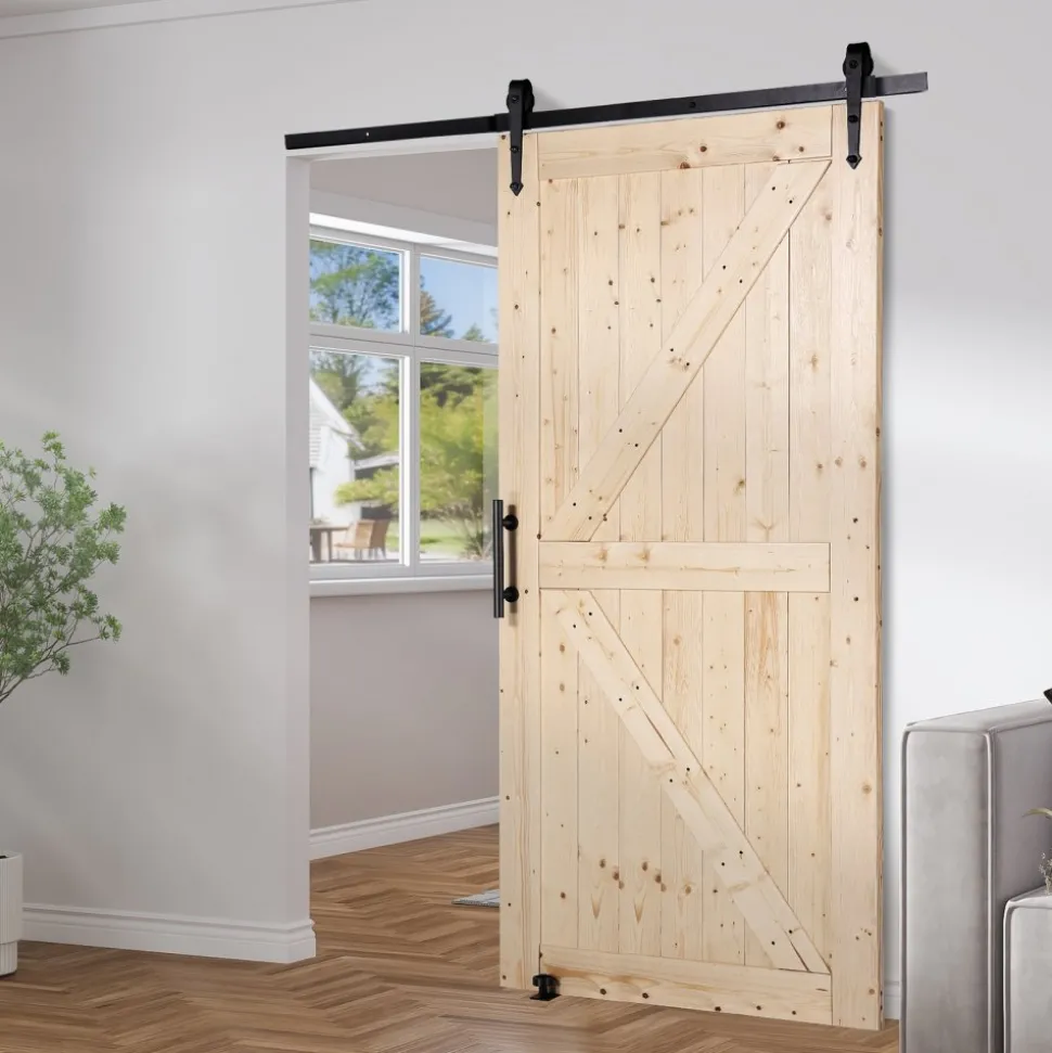 VEVOR Barn Door and Hardware Kit, 42" x 84" Wood Sliding Barn Door, Smoothly and Quietly, Barn Door Kit with 8-in-1 Floor Guide and Door Handle, Spruce Wood Panelled Slab, Easy to Install
