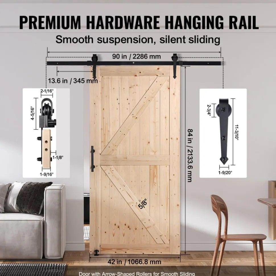 VEVOR Barn Door and Hardware Kit, 42" x 84" Wood Sliding Barn Door, Smoothly and Quietly, Barn Door Kit with 8-in-1 Floor Guide and Door Handle, Spruce Wood Panelled Slab, Easy to Install