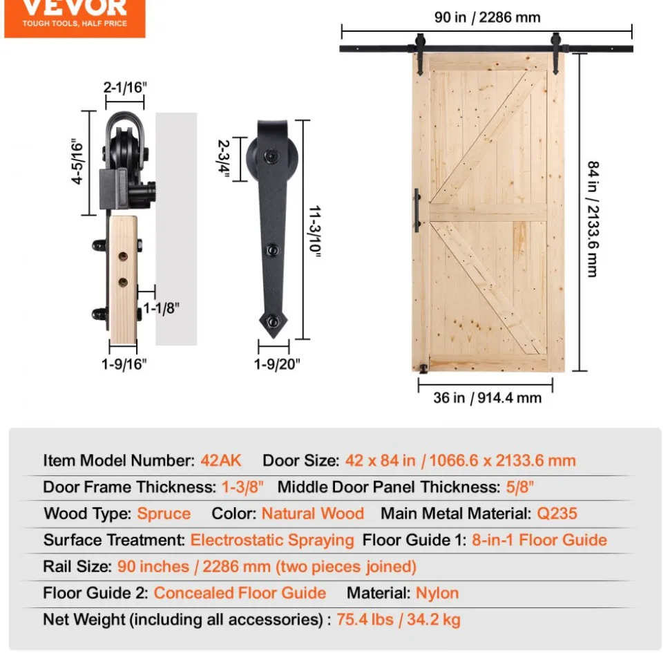 VEVOR Barn Door and Hardware Kit, 42" x 84" Wood Sliding Barn Door, Smoothly and Quietly, Barn Door Kit with 8-in-1 Floor Guide and Door Handle, Spruce Wood Panelled Slab, Easy to Install