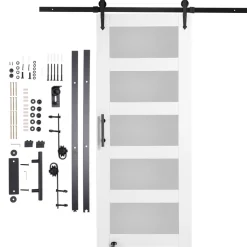 VEVOR Barn Door and Hardware Kit, 32" x 84" Wood and Glass Sliding Barn Door, Smoothly and Quietly, Barn Door Kit with 8-in-1 Floor Guide and Door Handle, Spruce Wood Slab and Frosted Glass