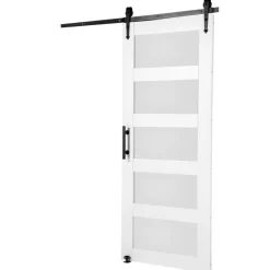 VEVOR Barn Door and Hardware Kit, 30" x 84" Wood and Glass Sliding Barn Door, Smoothly and Quietly, Barn Door Kit with 8-in-1 Floor Guide and Door Handle, Spruce Wood Slab and Frosted Glass