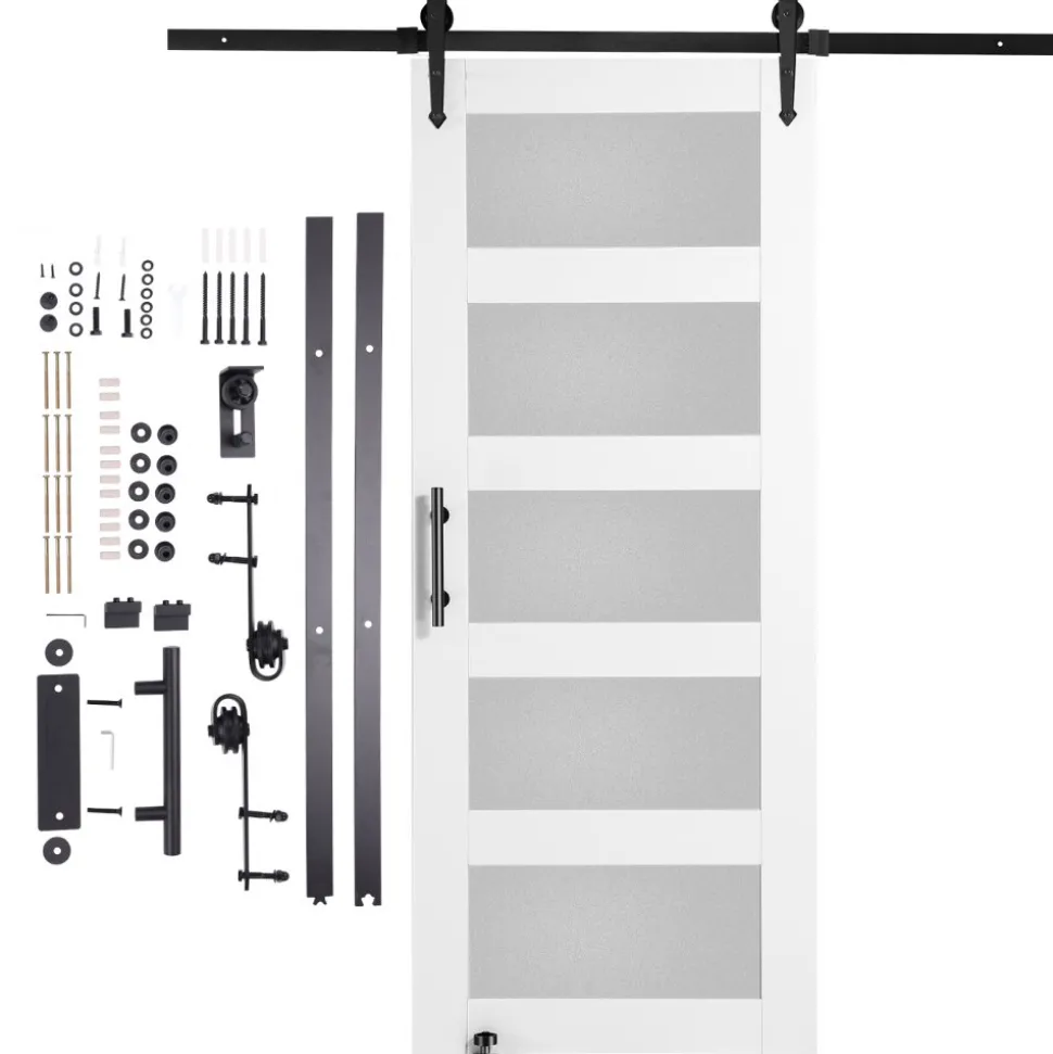 VEVOR Barn Door and Hardware Kit, 30" x 84" Wood and Glass Sliding Barn Door, Smoothly and Quietly, Barn Door Kit with 8-in-1 Floor Guide and Door Handle, Spruce Wood Slab and Frosted Glass