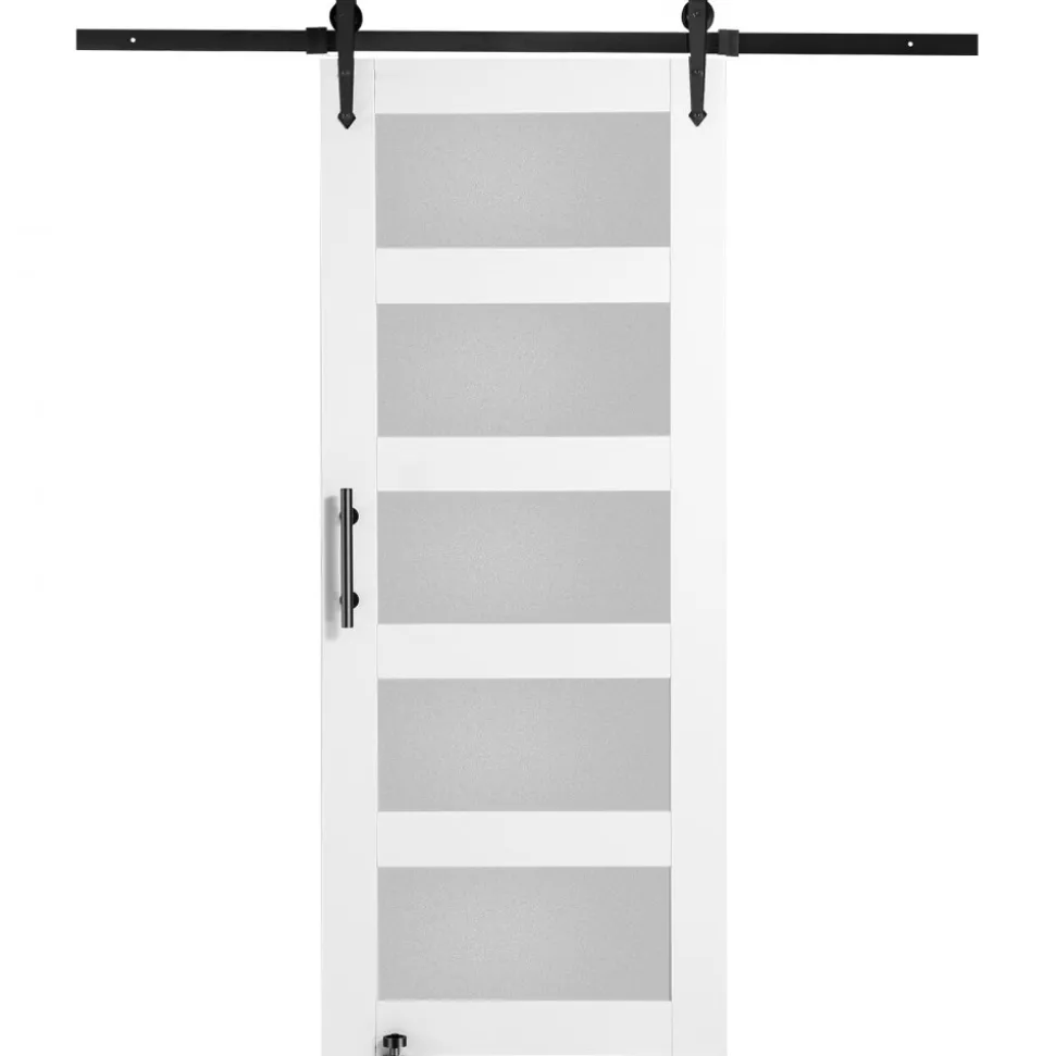 VEVOR Barn Door and Hardware Kit, 30" x 84" Wood and Glass Sliding Barn Door, Smoothly and Quietly, Barn Door Kit with 8-in-1 Floor Guide and Door Handle, Spruce Wood Slab and Frosted Glass