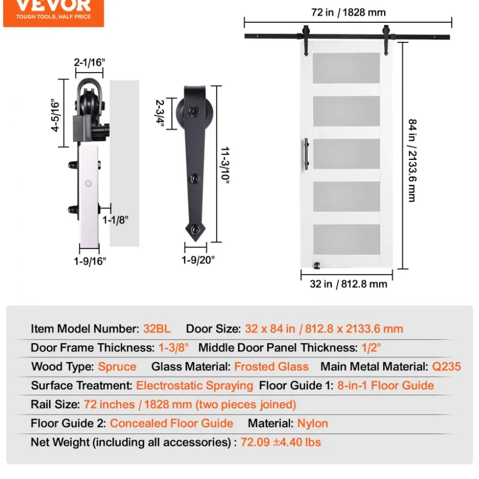 VEVOR Barn Door and Hardware Kit, 30" x 84" Wood and Glass Sliding Barn Door, Smoothly and Quietly, Barn Door Kit with 8-in-1 Floor Guide and Door Handle, Spruce Wood Slab and Frosted Glass