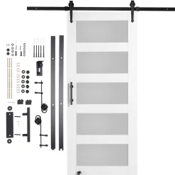 VEVOR Barn Door and Hardware Kit, 36" x 84" Wood and Glass Sliding Barn Door, Smoothly and Quietly, Barn Door Kit with 8-in-1 Floor Guide and Door Handle, Spruce Wood Slab and Frosted Glass