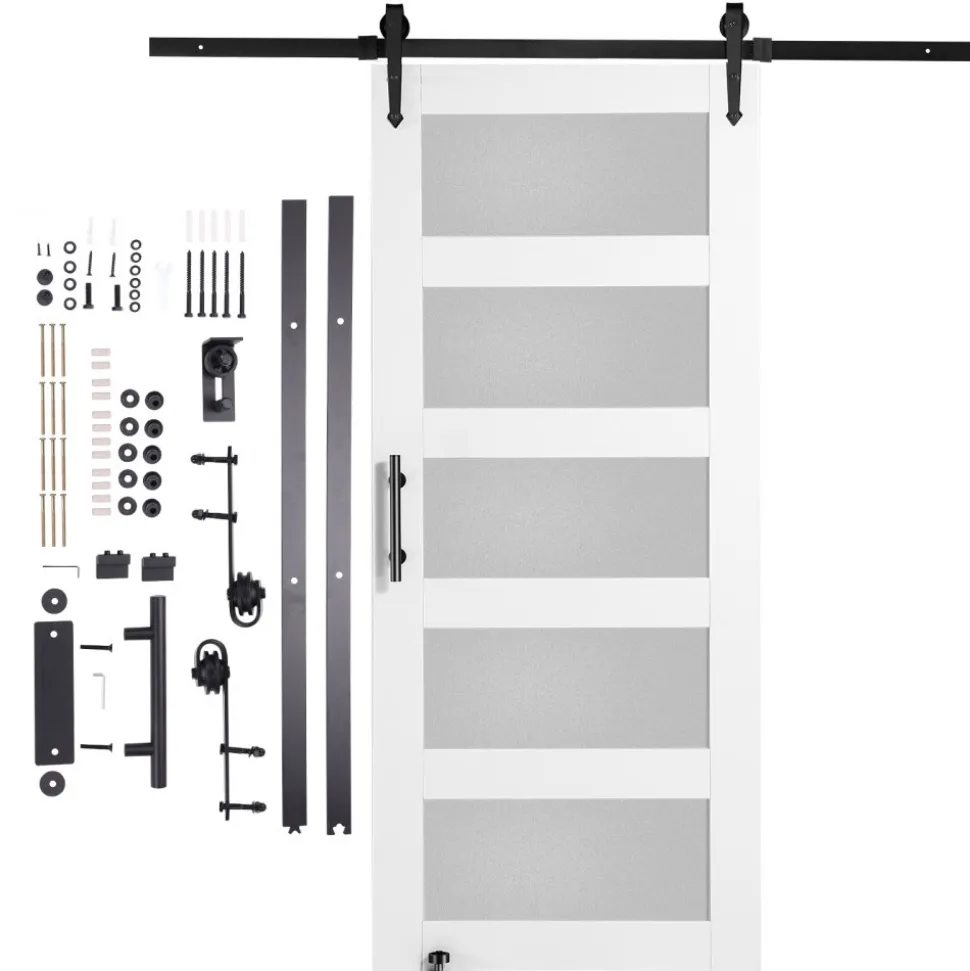 VEVOR Barn Door and Hardware Kit, 36" x 84" Wood and Glass Sliding Barn Door, Smoothly and Quietly, Barn Door Kit with 8-in-1 Floor Guide and Door Handle, Spruce Wood Slab and Frosted Glass