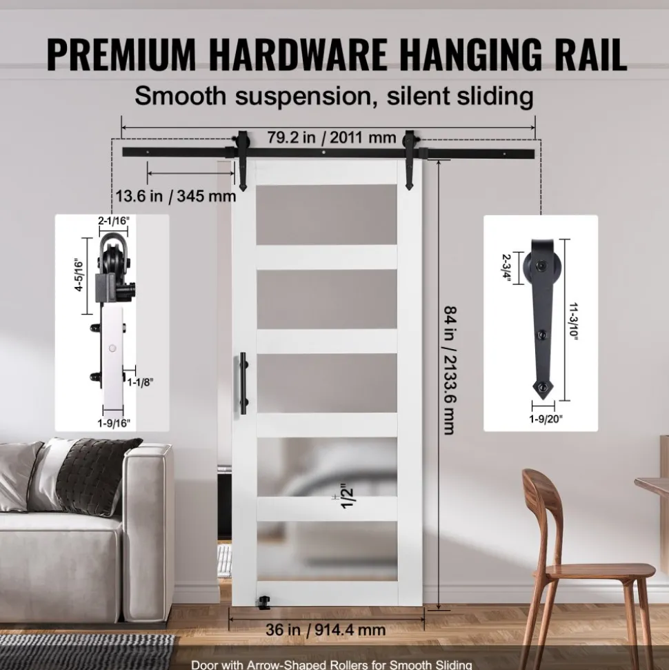 VEVOR Barn Door and Hardware Kit, 36" x 84" Wood and Glass Sliding Barn Door, Smoothly and Quietly, Barn Door Kit with 8-in-1 Floor Guide and Door Handle, Spruce Wood Slab and Frosted Glass