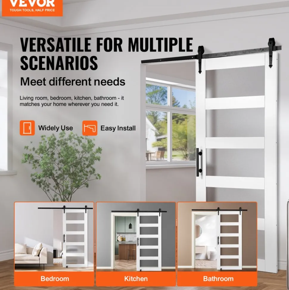 VEVOR Barn Door and Hardware Kit, 36" x 84" Wood and Glass Sliding Barn Door, Smoothly and Quietly, Barn Door Kit with 8-in-1 Floor Guide and Door Handle, Spruce Wood Slab and Frosted Glass