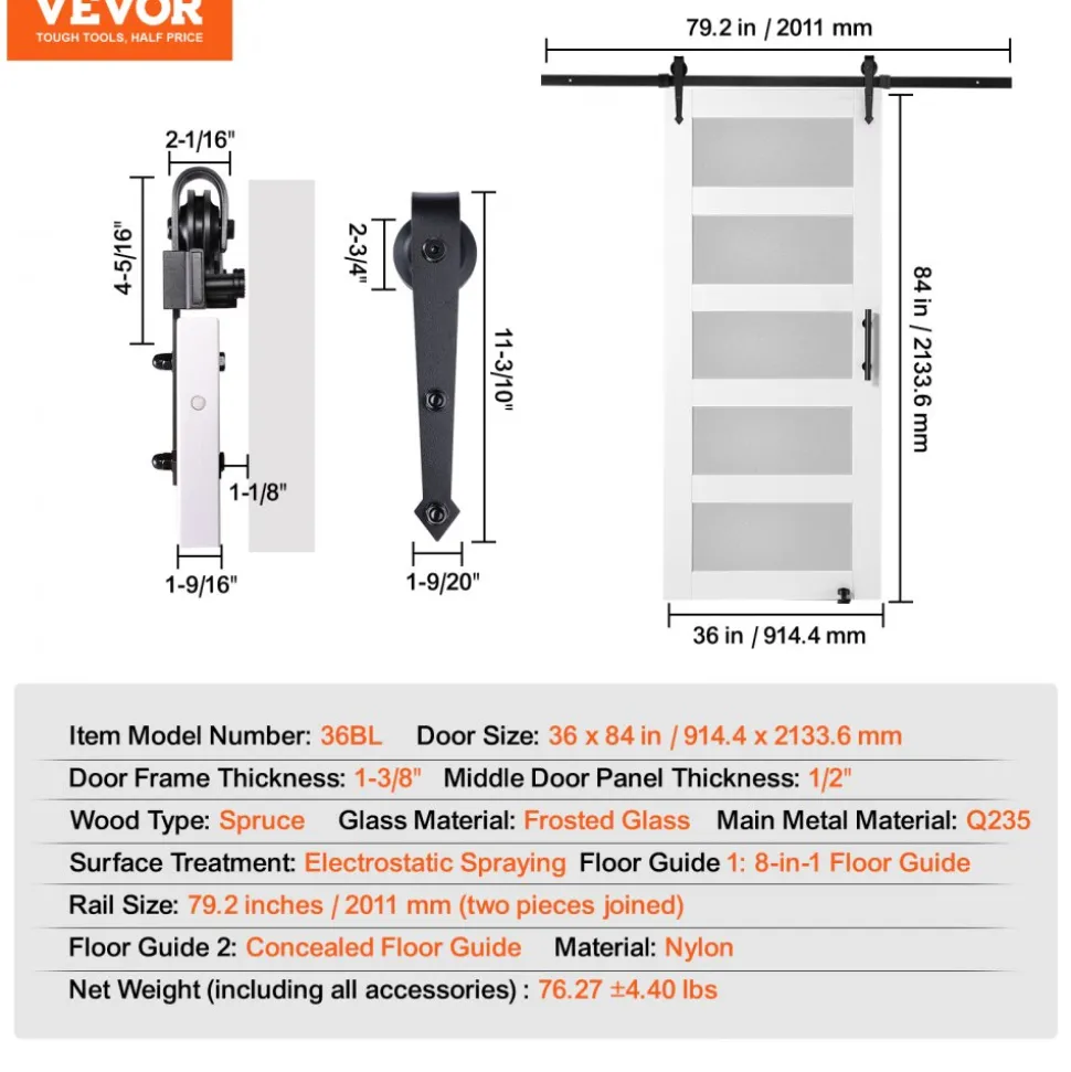 VEVOR Barn Door and Hardware Kit, 36" x 84" Wood and Glass Sliding Barn Door, Smoothly and Quietly, Barn Door Kit with 8-in-1 Floor Guide and Door Handle, Spruce Wood Slab and Frosted Glass
