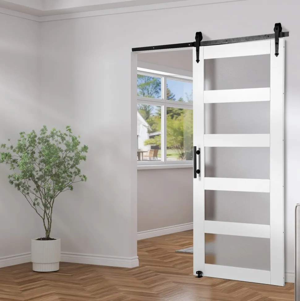 VEVOR Barn Door and Hardware Kit, 36" x 84" Wood and Glass Sliding Barn Door, Smoothly and Quietly, Barn Door Kit with 8-in-1 Floor Guide and Door Handle, Spruce Wood Slab and Frosted Glass