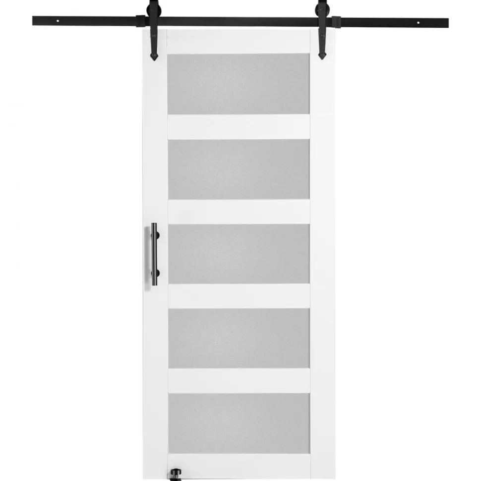 VEVOR Barn Door and Hardware Kit, 36" x 84" Wood and Glass Sliding Barn Door, Smoothly and Quietly, Barn Door Kit with 8-in-1 Floor Guide and Door Handle, Spruce Wood Slab and Frosted Glass