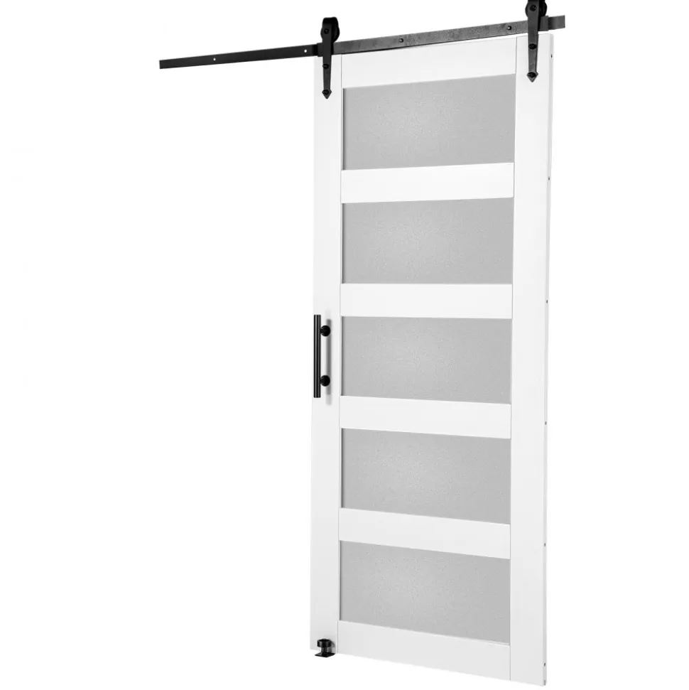 VEVOR Barn Door and Hardware Kit, 36" x 84" Wood and Glass Sliding Barn Door, Smoothly and Quietly, Barn Door Kit with 8-in-1 Floor Guide and Door Handle, Spruce Wood Slab and Frosted Glass