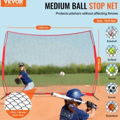 VEVOR Barricade Backstop Net, 12x9 ft Ball Sports Barrier Netting, Portable Practice Equipment with Carry Bag, Protection Screen for Baseball Softball Lacrosse Soccer Hockey Training, for Backyard