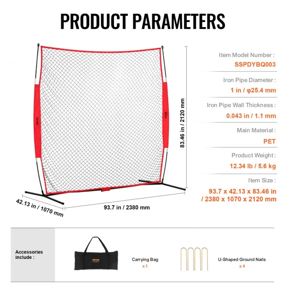 VEVOR Barricade Backstop Net, 7x7 ft Ball Sports Barrier Netting, Portable Practice Equipment with Carry Bag, Protection Screen for Baseball Softball Lacrosse Soccer Hockey Training, for Backyard