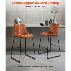 VEVOR Bar Stool Set of 4, 26 inch Counter Height Stools, Modern PU Leather Counter Barstool with Backrest, Metal Legs, Easy Assembly Armless Bar Chair, Island Barstool for Kitchen, Dining Room, Brown