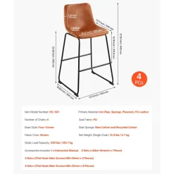 VEVOR Bar Stool Set of 4, 26 inch Counter Height Stools, Modern PU Leather Counter Barstool with Backrest, Metal Legs, Easy Assembly Armless Bar Chair, Island Barstool for Kitchen, Dining Room, Brown