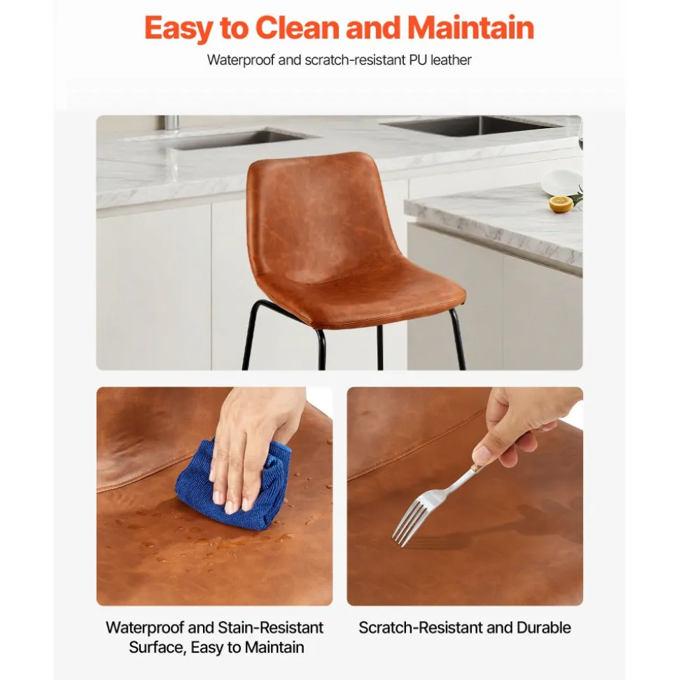 VEVOR Bar Stool Set of 4, 26 inch Counter Height Stools, Modern PU Leather Counter Barstool with Backrest, Metal Legs, Easy Assembly Armless Bar Chair, Island Barstool for Kitchen, Dining Room, Brown