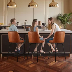VEVOR Bar Stool Set of 3, 27 inch Counter Height Swivel Stools, Modern PU Leather Counter Barstool with Backrest and Metal Legs, Armless Bar Chair, Island Barstool for Kitchen, Dining Room, Brown