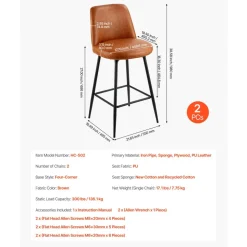 VEVOR Bar Stool Set of 2, 27 inch Counter Height Swivel Stools, Modern PU Leather Counter Barstool with Backrest and Metal Legs, Armless Bar Chair, Island Barstool for Kitchen, Dining Room, Brown