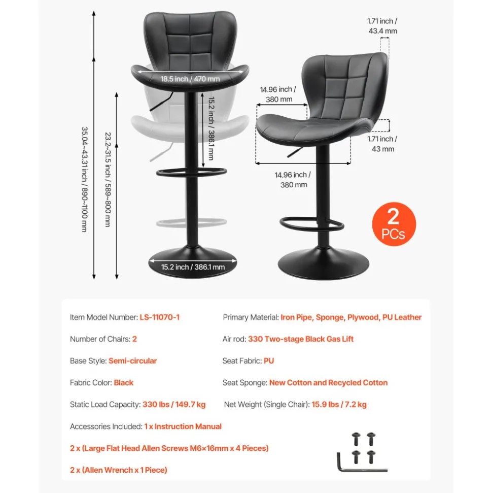 VEVOR Bar Stool Set of 2, Modern PU Leather Counter Height Stools, Swivel Kitchen Barstool with Back and Footrest, Height Adjustable Armless Bar Chair, Island Barstools for Kitchen, Dining Room, Black