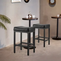 VEVOR Bar Stool Set of 2, PU Leather Counter Height Stools, 25 inch Barstool with Saddle-Seat and Metal Legs, Easy Assembly Backless Bar Chair, Island Barstools for Kitchen, Dining Room, Cafe, Black