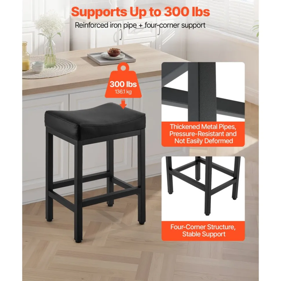 VEVOR Bar Stool Set of 2, PU Leather Counter Height Stools, 25 inch Barstool with Saddle-Seat and Metal Legs, Easy Assembly Backless Bar Chair, Island Barstools for Kitchen, Dining Room, Cafe, Black